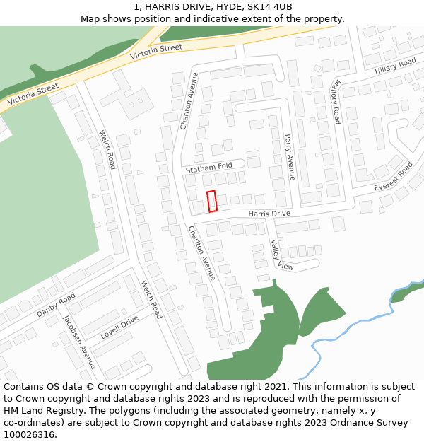 1, HARRIS DRIVE, HYDE, SK14 4UB: Location map and indicative extent of plot