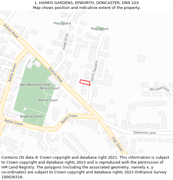 1, HARRIS GARDENS, EPWORTH, DONCASTER, DN9 1GX: Location map and indicative extent of plot