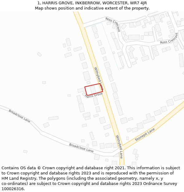 1, HARRIS GROVE, INKBERROW, WORCESTER, WR7 4JR: Location map and indicative extent of plot