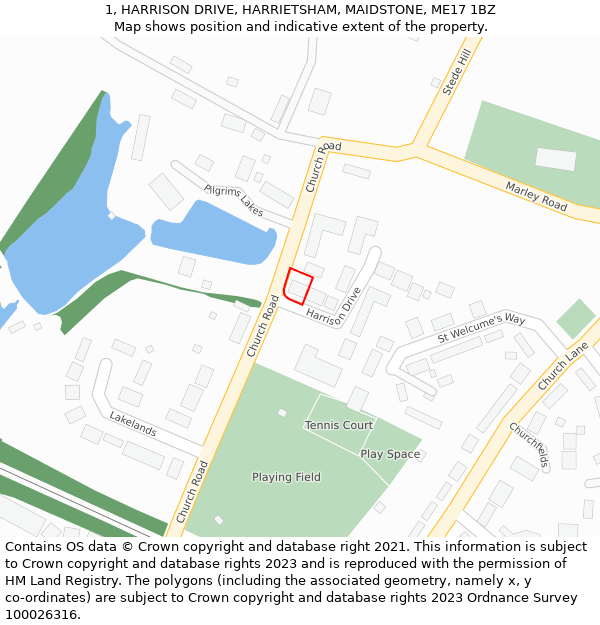 1, HARRISON DRIVE, HARRIETSHAM, MAIDSTONE, ME17 1BZ: Location map and indicative extent of plot