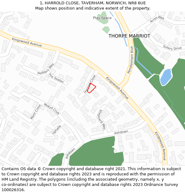 1, HARROLD CLOSE, TAVERHAM, NORWICH, NR8 6UE: Location map and indicative extent of plot