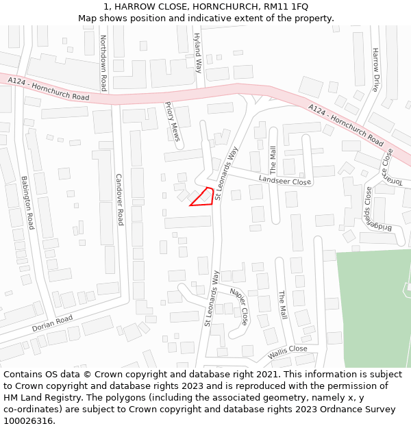 1, HARROW CLOSE, HORNCHURCH, RM11 1FQ: Location map and indicative extent of plot