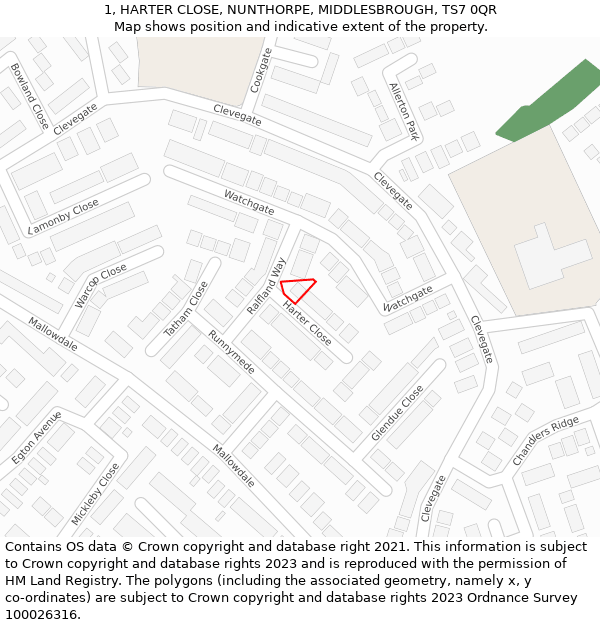 1, HARTER CLOSE, NUNTHORPE, MIDDLESBROUGH, TS7 0QR: Location map and indicative extent of plot