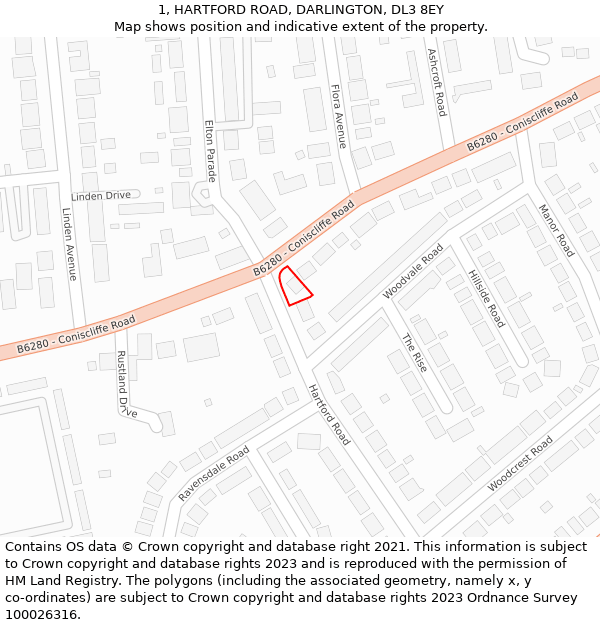 1, HARTFORD ROAD, DARLINGTON, DL3 8EY: Location map and indicative extent of plot