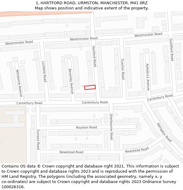 1, HARTFORD ROAD, URMSTON, MANCHESTER, M41 0RZ: Location map and indicative extent of plot