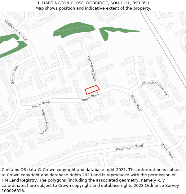 1, HARTINGTON CLOSE, DORRIDGE, SOLIHULL, B93 8SU: Location map and indicative extent of plot