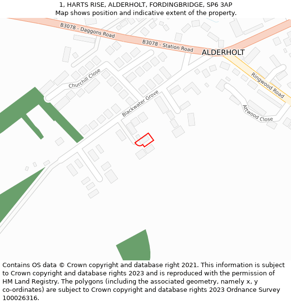 1, HARTS RISE, ALDERHOLT, FORDINGBRIDGE, SP6 3AP: Location map and indicative extent of plot