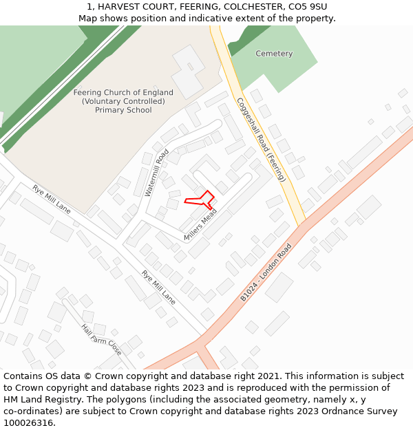 1, HARVEST COURT, FEERING, COLCHESTER, CO5 9SU: Location map and indicative extent of plot