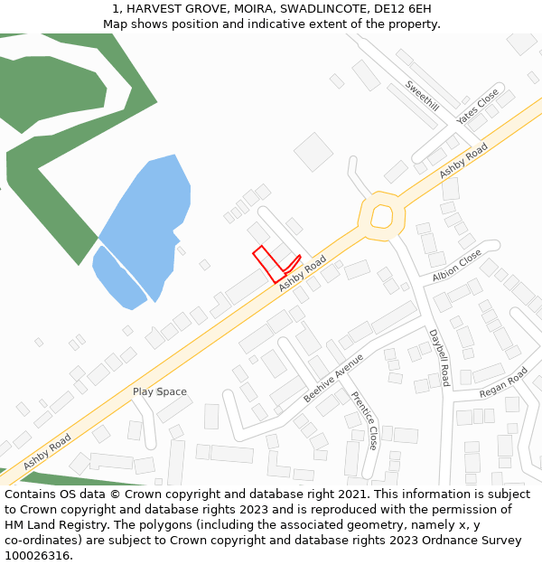 1, HARVEST GROVE, MOIRA, SWADLINCOTE, DE12 6EH: Location map and indicative extent of plot