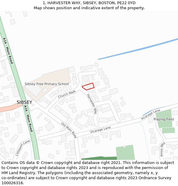 1, HARVESTER WAY, SIBSEY, BOSTON, PE22 0YD: Location map and indicative extent of plot