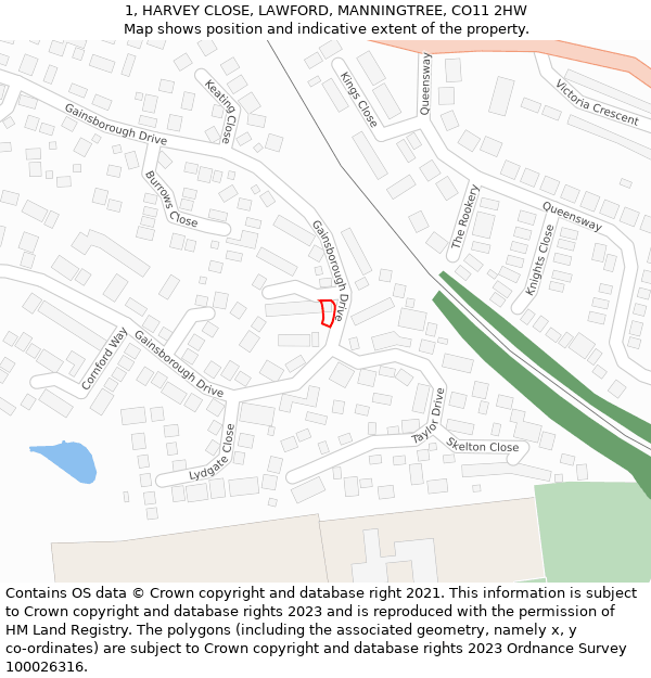 1, HARVEY CLOSE, LAWFORD, MANNINGTREE, CO11 2HW: Location map and indicative extent of plot