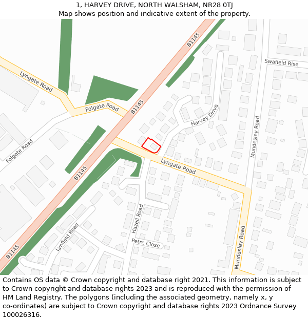 1, HARVEY DRIVE, NORTH WALSHAM, NR28 0TJ: Location map and indicative extent of plot