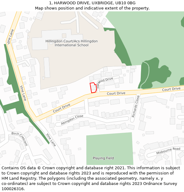 1, HARWOOD DRIVE, UXBRIDGE, UB10 0BG: Location map and indicative extent of plot