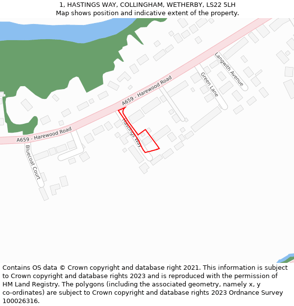 1, HASTINGS WAY, COLLINGHAM, WETHERBY, LS22 5LH: Location map and indicative extent of plot