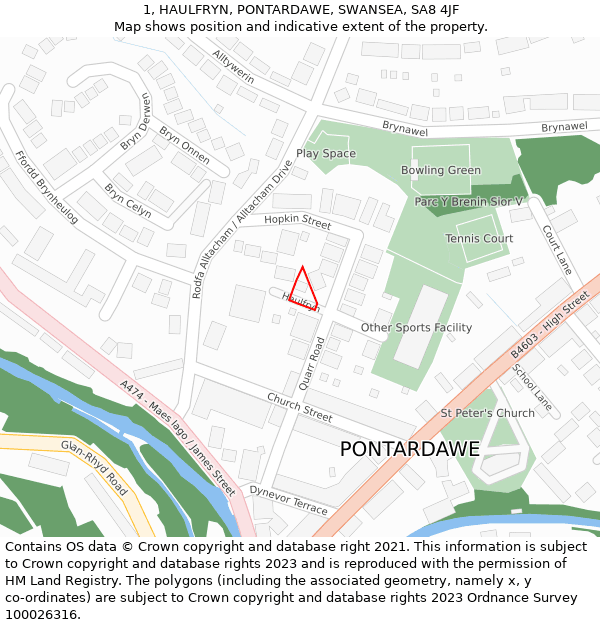 1, HAULFRYN, PONTARDAWE, SWANSEA, SA8 4JF: Location map and indicative extent of plot