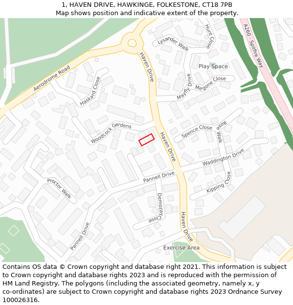 1, HAVEN DRIVE, HAWKINGE, FOLKESTONE, CT18 7PB: Location map and indicative extent of plot