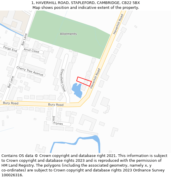 1, HAVERHILL ROAD, STAPLEFORD, CAMBRIDGE, CB22 5BX: Location map and indicative extent of plot