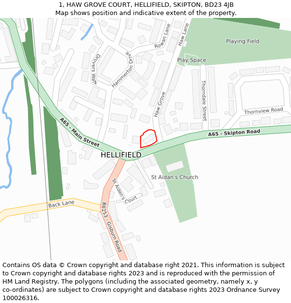 1, HAW GROVE COURT, HELLIFIELD, SKIPTON, BD23 4JB: Location map and indicative extent of plot