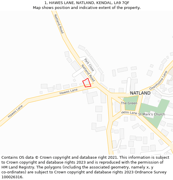 1, HAWES LANE, NATLAND, KENDAL, LA9 7QF: Location map and indicative extent of plot