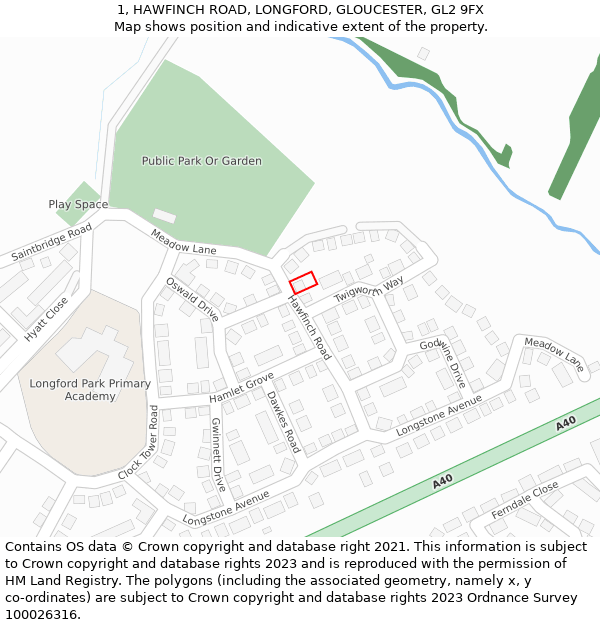 1, HAWFINCH ROAD, LONGFORD, GLOUCESTER, GL2 9FX: Location map and indicative extent of plot