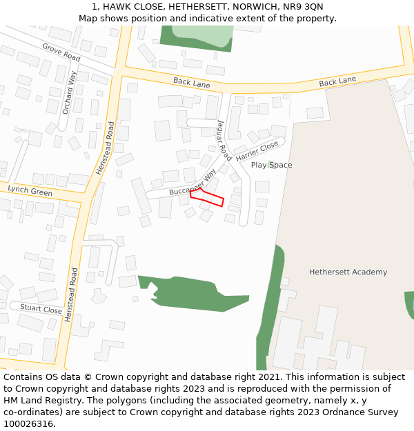 1, HAWK CLOSE, HETHERSETT, NORWICH, NR9 3QN: Location map and indicative extent of plot