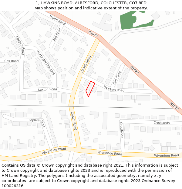 1, HAWKINS ROAD, ALRESFORD, COLCHESTER, CO7 8ED: Location map and indicative extent of plot