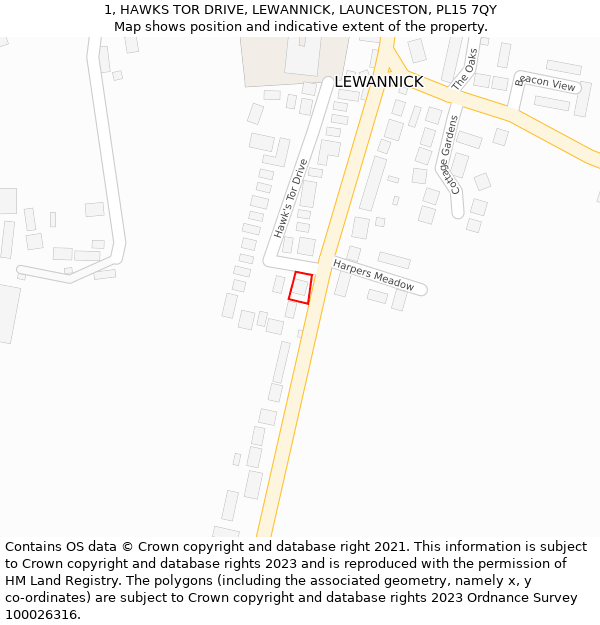 1, HAWKS TOR DRIVE, LEWANNICK, LAUNCESTON, PL15 7QY: Location map and indicative extent of plot