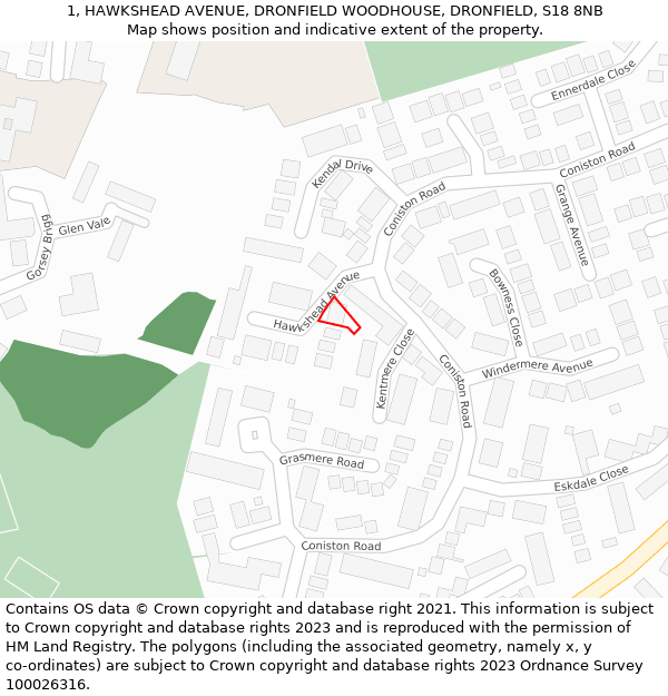 1, HAWKSHEAD AVENUE, DRONFIELD WOODHOUSE, DRONFIELD, S18 8NB: Location map and indicative extent of plot