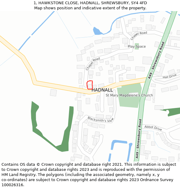 1, HAWKSTONE CLOSE, HADNALL, SHREWSBURY, SY4 4FD: Location map and indicative extent of plot