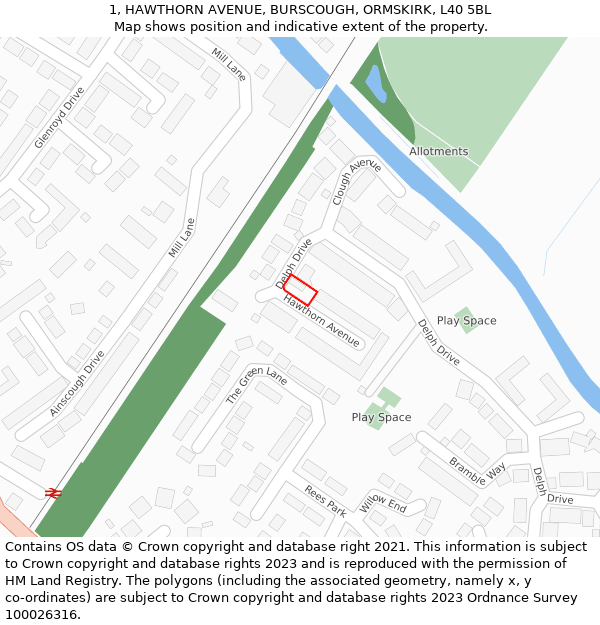1, HAWTHORN AVENUE, BURSCOUGH, ORMSKIRK, L40 5BL: Location map and indicative extent of plot
