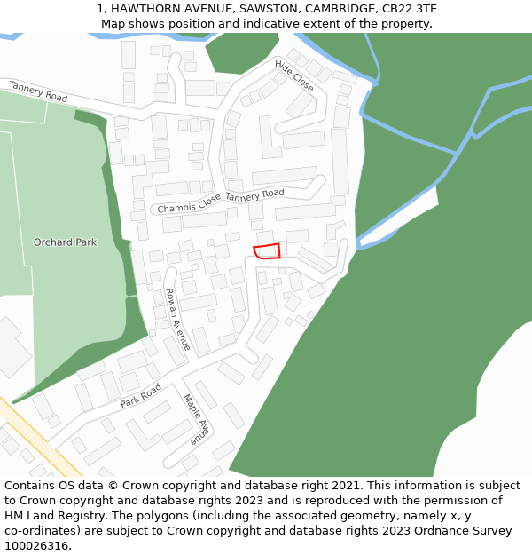 1, HAWTHORN AVENUE, SAWSTON, CAMBRIDGE, CB22 3TE: Location map and indicative extent of plot