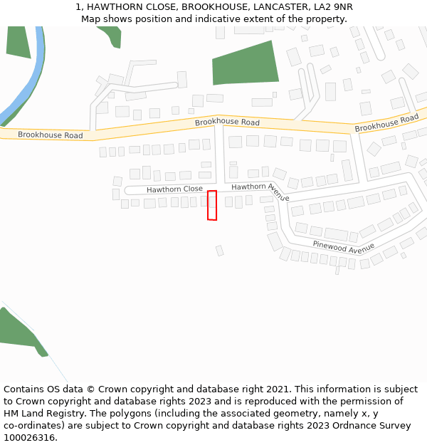 1, HAWTHORN CLOSE, BROOKHOUSE, LANCASTER, LA2 9NR: Location map and indicative extent of plot