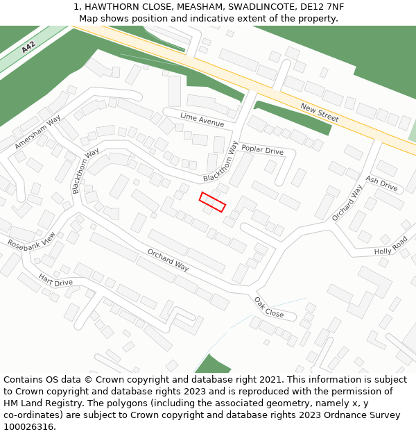 1, HAWTHORN CLOSE, MEASHAM, SWADLINCOTE, DE12 7NF: Location map and indicative extent of plot