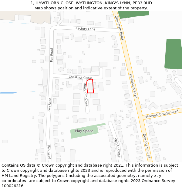 1, HAWTHORN CLOSE, WATLINGTON, KING'S LYNN, PE33 0HD: Location map and indicative extent of plot