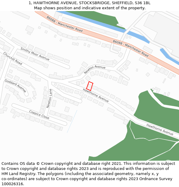 1, HAWTHORNE AVENUE, STOCKSBRIDGE, SHEFFIELD, S36 1BL: Location map and indicative extent of plot