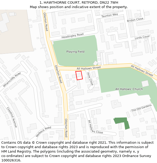 1, HAWTHORNE COURT, RETFORD, DN22 7WH: Location map and indicative extent of plot