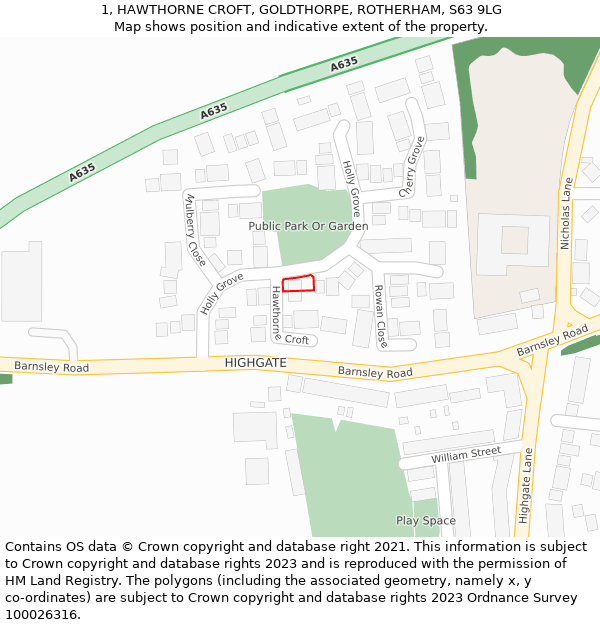 1, HAWTHORNE CROFT, GOLDTHORPE, ROTHERHAM, S63 9LG: Location map and indicative extent of plot