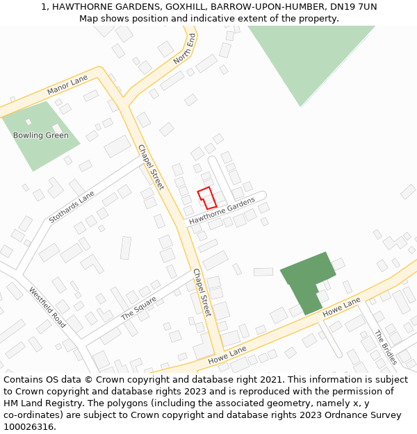 1, HAWTHORNE GARDENS, GOXHILL, BARROW-UPON-HUMBER, DN19 7UN: Location map and indicative extent of plot