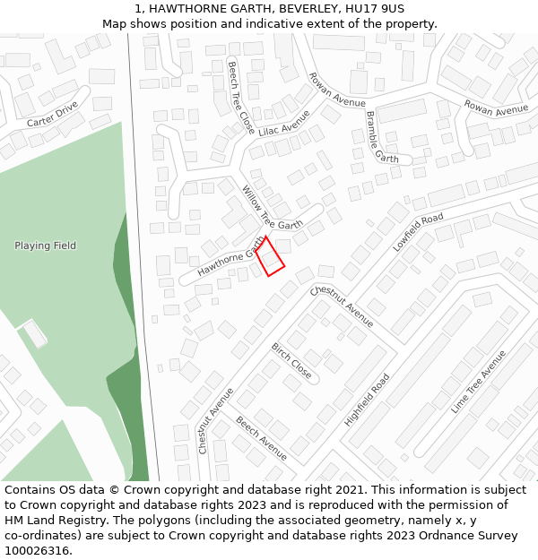 1, HAWTHORNE GARTH, BEVERLEY, HU17 9US: Location map and indicative extent of plot