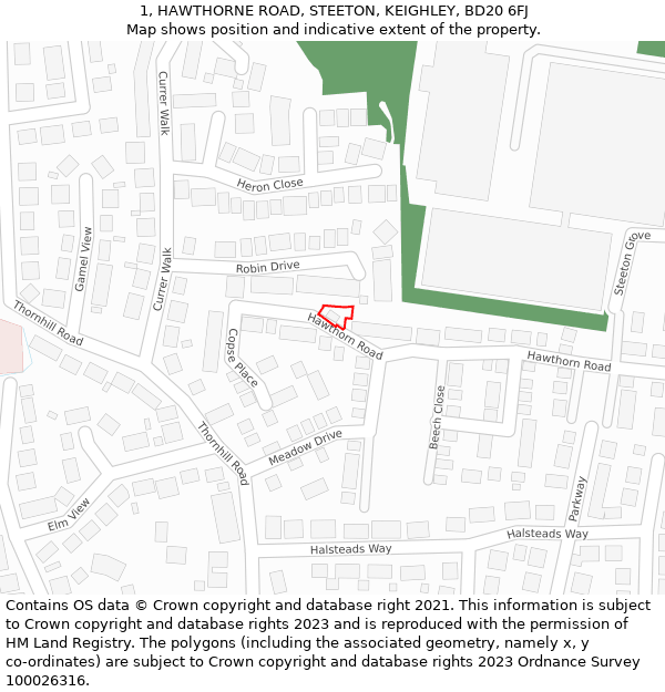 1, HAWTHORNE ROAD, STEETON, KEIGHLEY, BD20 6FJ: Location map and indicative extent of plot