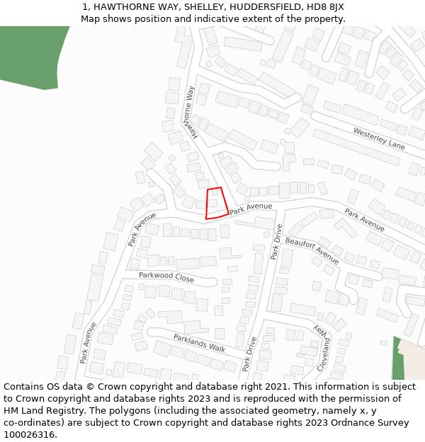 1, HAWTHORNE WAY, SHELLEY, HUDDERSFIELD, HD8 8JX: Location map and indicative extent of plot