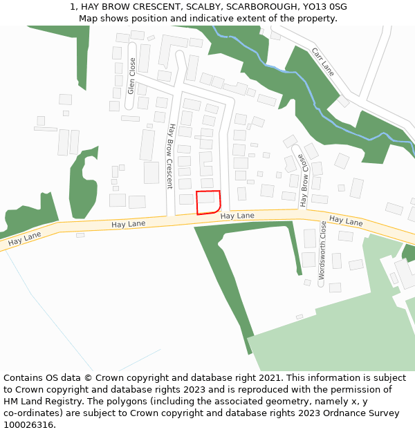 1, HAY BROW CRESCENT, SCALBY, SCARBOROUGH, YO13 0SG: Location map and indicative extent of plot