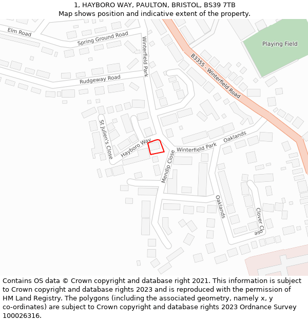 1, HAYBORO WAY, PAULTON, BRISTOL, BS39 7TB: Location map and indicative extent of plot