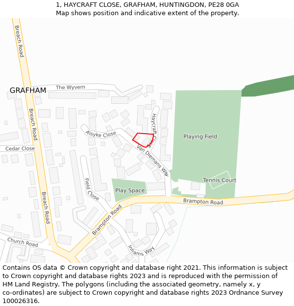 1, HAYCRAFT CLOSE, GRAFHAM, HUNTINGDON, PE28 0GA: Location map and indicative extent of plot