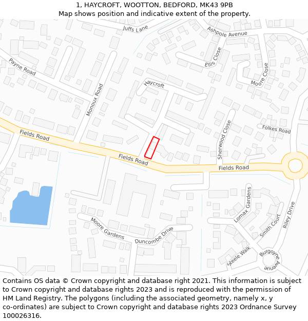 1, HAYCROFT, WOOTTON, BEDFORD, MK43 9PB: Location map and indicative extent of plot