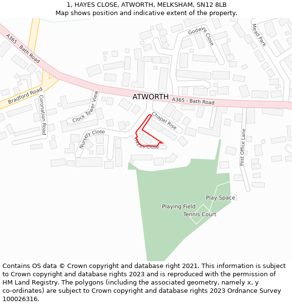 1, HAYES CLOSE, ATWORTH, MELKSHAM, SN12 8LB: Location map and indicative extent of plot