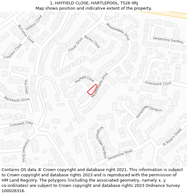 1, HAYFIELD CLOSE, HARTLEPOOL, TS26 0RJ: Location map and indicative extent of plot