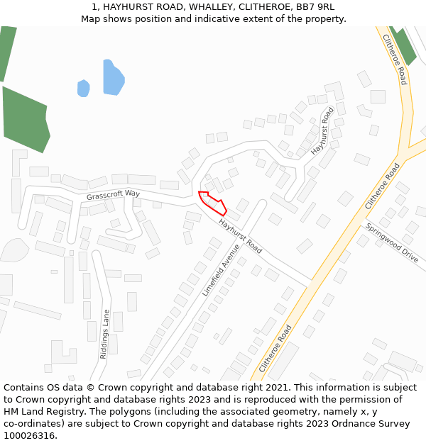 1, HAYHURST ROAD, WHALLEY, CLITHEROE, BB7 9RL: Location map and indicative extent of plot