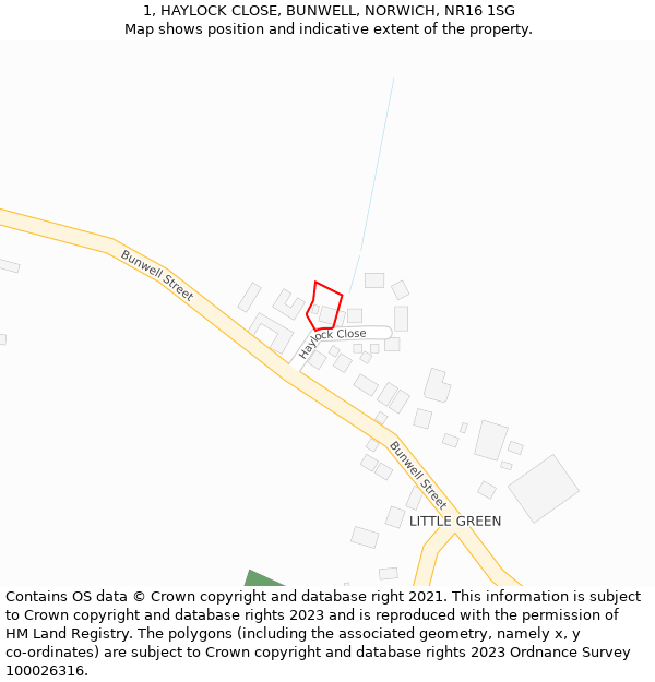 1, HAYLOCK CLOSE, BUNWELL, NORWICH, NR16 1SG: Location map and indicative extent of plot