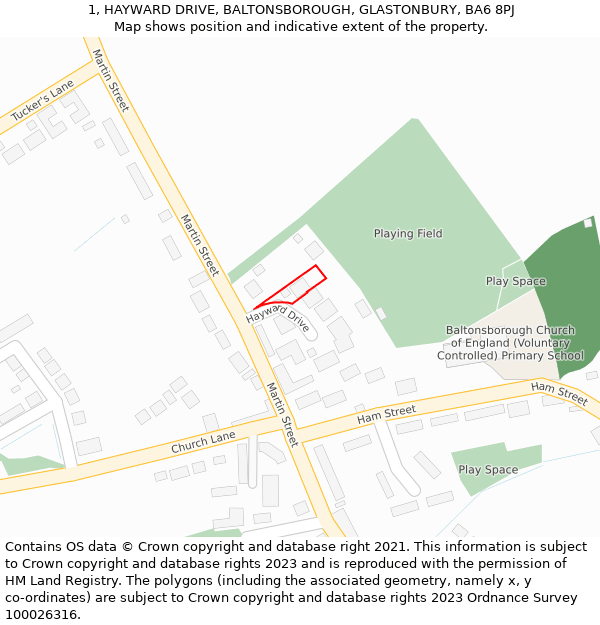 1, HAYWARD DRIVE, BALTONSBOROUGH, GLASTONBURY, BA6 8PJ: Location map and indicative extent of plot